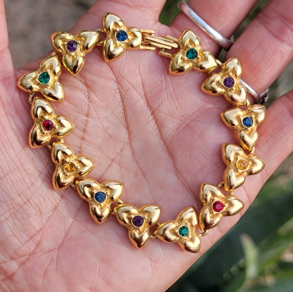 Vintage heavy high-quality gold Celtic trinity knot rainbow crystals bracelet